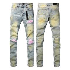#8953 Amir* Men Light Vintage Wash Pink Fabric Patch Ripped Skinny Stretch Distressed Denim Jeans
