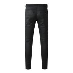 #8918 Amir* Men Solid Black Skinny Jeans, 3D Embossed Side Letter Logo Stretch Slim Fit Denim Pants