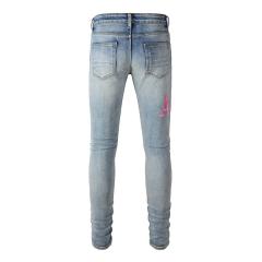 #1316 Amir* Mens Vintage Washed Blue Destroyed Skinny Jeans, Pink Logo Graphic