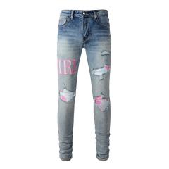 #1316 Amir* Mens Vintage Washed Blue Destroyed Skinny Jeans, Pink Logo Graphic