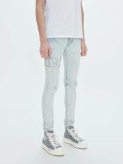 #8818 Amir* Men Pale Light Wash Rhinestone Letter Mesh Patch Ripped Skinny Stretch Denim Jeans