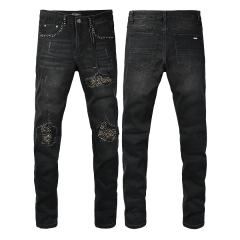 #8946 Amir* Men Black Whisker Wash Multicolor Rhinestone Stud Patch Ripped Skinny Stretch Distressed Denim Jeans