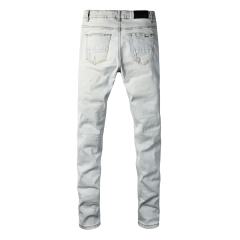 #8939 Amir* Men Pale Light Wash Leopard Print Mesh Patch Ripped Skinny Stretch Distressed Denim Jeans