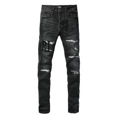 #8950 Amir* Men Black Whisker Wash Black Letter Logo White Frayed Rip Ripped Skinny Stretch Distressed Denim Jeans
