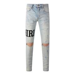 #650 Amir* Men Pale Bleach Wash Letter Print Ripped Skinny Stretch Distressed Denim Jeans