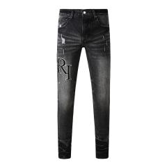 #8908 Amir* Men Black Whisker Wash Big Side Letter Print Ripped Skinny Stretch Denim Jeans