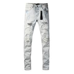 #8939 Amir* Men Pale Light Wash Leopard Print Mesh Patch Ripped Skinny Stretch Distressed Denim Jeans