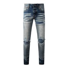 #8926 Amir* Men Gradient Blue Wash Stacked Ripped Skinny Jeans, Multi-Layer Blue Knee Patch Stretch Slim Denim Pants