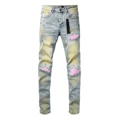 #8953 Amir* Men Light Vintage Wash Pink Fabric Patch Ripped Skinny Stretch Distressed Denim Jeans