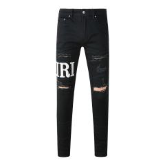 #649 Amir* Men Black Letter Print Ripped Skinny Stretch Distressed Denim Jeans