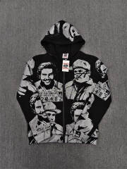 High Quality ASAALI Black Silver Portrait Zip Hoodie