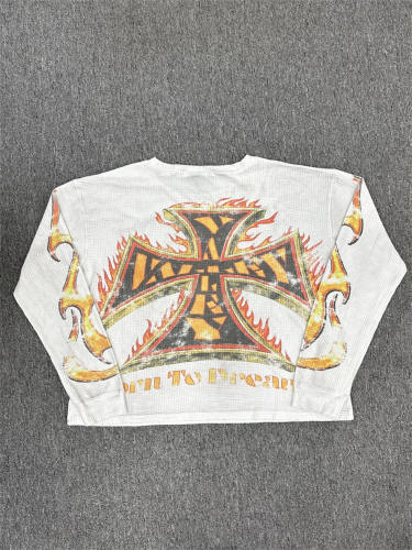 Vale Forever Retro Fire Flame Cross Print Waffle Thermal Long Sleeve Shirt