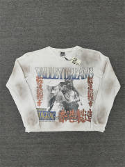 Vale Forever Distressed Vintage Asian Graphic Waffle Knit Cropped Thermal Long Sleeve T-Shirt