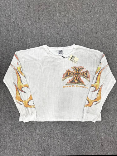 Vale Forever Retro Fire Flame Cross Print Waffle Thermal Long Sleeve Shirt