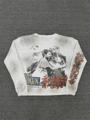 Vale Forever Distressed Vintage Asian Graphic Waffle Knit Cropped Thermal Long Sleeve T-Shirt