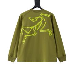 ARC Men Oversized Dinosaur Skeleton Back Print Army Green Long Sleeve T Shirt