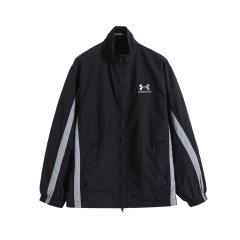 BLCG Stand Collar Zip Up Windbreaker Jacket, Black Side Dual Grey Stripe Lightweight