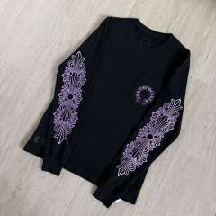 1:1 Quality CH Purple Glitter Ornate Floral Scroll Sleeve Print Horseshoe Logo T-Shirt