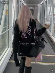 1:1 Quality CH Deadly Doll Black Long Sleeve Tee, Back Pink Floral Girl Graphic Print