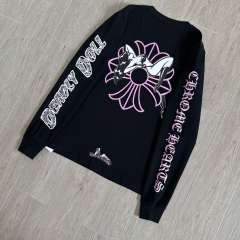 1:1 Quality CH Deadly Doll Black Long Sleeve Tee, Back Pink Floral Girl Graphic Print