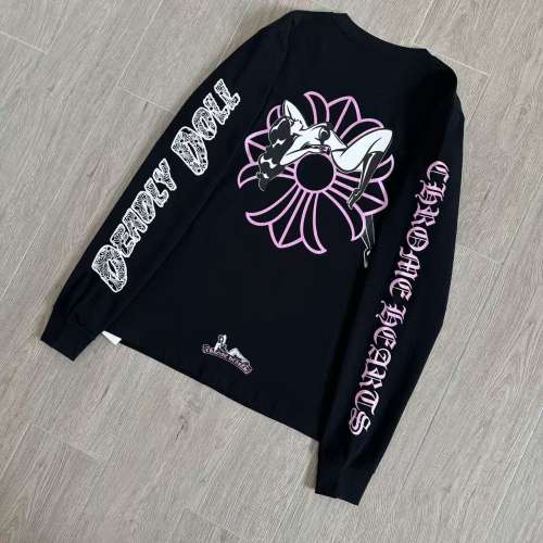 1:1 Quality CH Deadly Doll Black Long Sleeve Tee, Back Pink Floral Girl Graphic Print