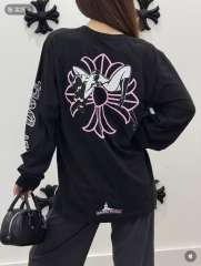 1:1 Quality CH Deadly Doll Black Long Sleeve Tee, Back Pink Floral Girl Graphic Print