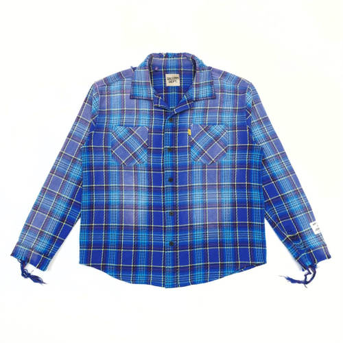 1:1 Top Quality Gallery Dept Blue Plaid Flannel Shirt Distressed Frayed Edge Long Sleeve Check Shirt