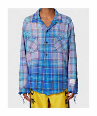 1:1 Top Quality Gallery Dept Blue Plaid Flannel Shirt Distressed Frayed Edge Long Sleeve Check Shirt