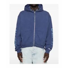 1:1 Top Quality Gallery Dept Paris FR Vintage Washed Blue Zip Up Hoodie, Distressed Logo Full-Zip Streetwear Sweat Jacket