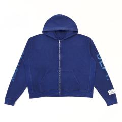 1:1 Top Quality Gallery Dept Paris FR Vintage Washed Blue Zip Up Hoodie, Distressed Logo Full-Zip Streetwear Sweat Jacket