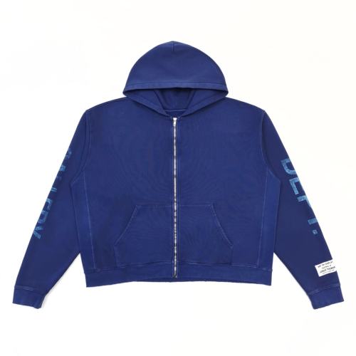 1:1 Top Quality Gallery Dept Paris FR Vintage Washed Blue Zip Up Hoodie, Distressed Logo Full-Zip Streetwear Sweat Jacket