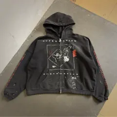 ERD Washed Graphic Distressed Zip Hoodie