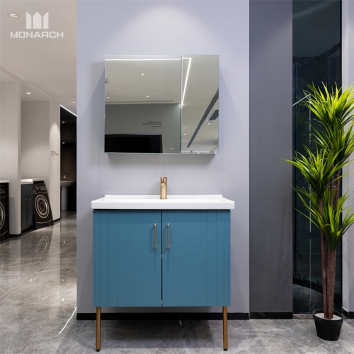 Mueble de baño azul de pie con espejo