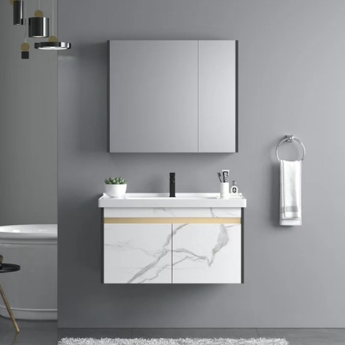 Mueble de baño moderno con lavabo de tablero de madera maciza con espejo elegante