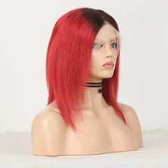 13x6 Lace Front Wig Virgin Human Hair Ombre #1B/Red Straight Bob Wig