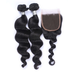 High Qulaity Human Hair Black Loose Wave 3 Bundles with closure