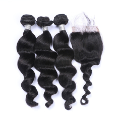 High Qulaity Human Hair Black Loose Wave 3 Bundles with closure