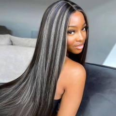 Long Straight Black Synthetic Wigs With White Highlights Wigs
