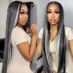 Long Straight Black Synthetic Wigs With White Highlights Wigs