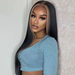 Black Human Hair Wig Highlight Blonde Silk Straight Human Hair Wig Pre Plucked With Baby Hair Middle Part 150%-180% Density for Women