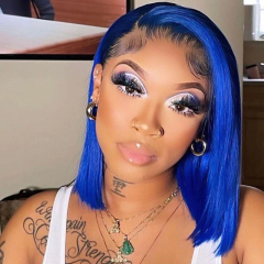 Short Bob 13x6 HD Transparent Lace Front Wigs Blue Straight Human Wig
