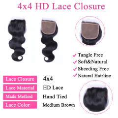Natural Color Body Wave 4x4 Transparent Lace Closure Free Part Human Hair Closure
