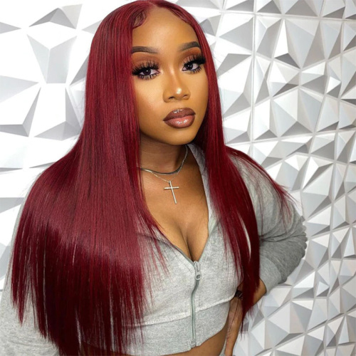 Burgundy Long Silky Straight HD Transparent Lace Front Human Hair Wigs