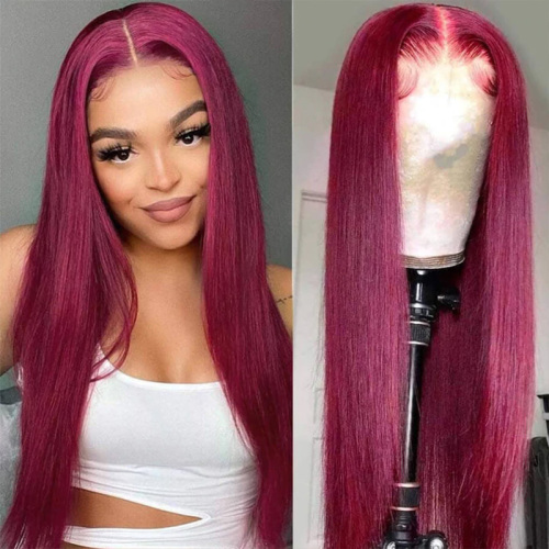 Burgundy Long Silky Straight HD Transparent Lace Front Human Hair Wigs