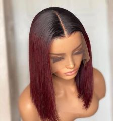Ombre Burgundy Short Bob Human Hair Wig 13x6 HD Lace Front Wigs