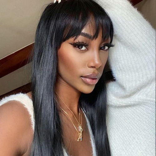 Black HD Lace Wig Straight Full Lace Wig Natural Color Human Wigs With Bangs