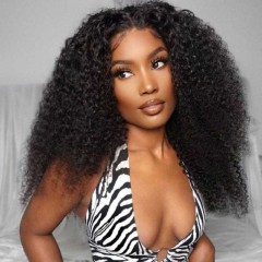 Black Short Kinky Curly Bob Human Hair HD Transparent Lace Front Wigs with Baby Hair