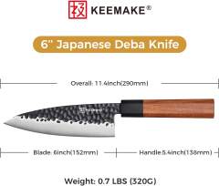 KEEMAKE 6 Inch Premium Deba Knife High Carbon Stainless Steel Kitchen Sashimi Knife With Santos Rosewood Handle