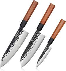 KEEMAKE Knife Set of 3pcs, Kitchen Knife Set with Japanese 440C Stainless Steel Blade Chef Knife Set with Octagon Rosewood Handle