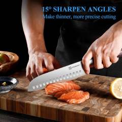 KEEMAKE Chef Santoku Knife - 7 Inch Ultra Sharp Kitchen Knife with Stainless Steel Blade for Cooking Meat Fruit Vegetable with Ergonomic Pakkawood Handle and Gift Box Included